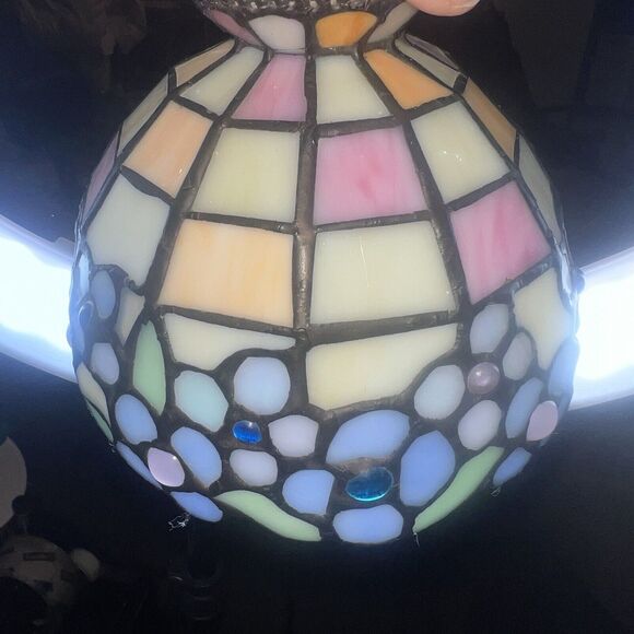 VTG Small Tiffany Style Stained Mosaic Glass Leaded Lamp Shade Slag Jeweled 6” - Picture 1 of 9